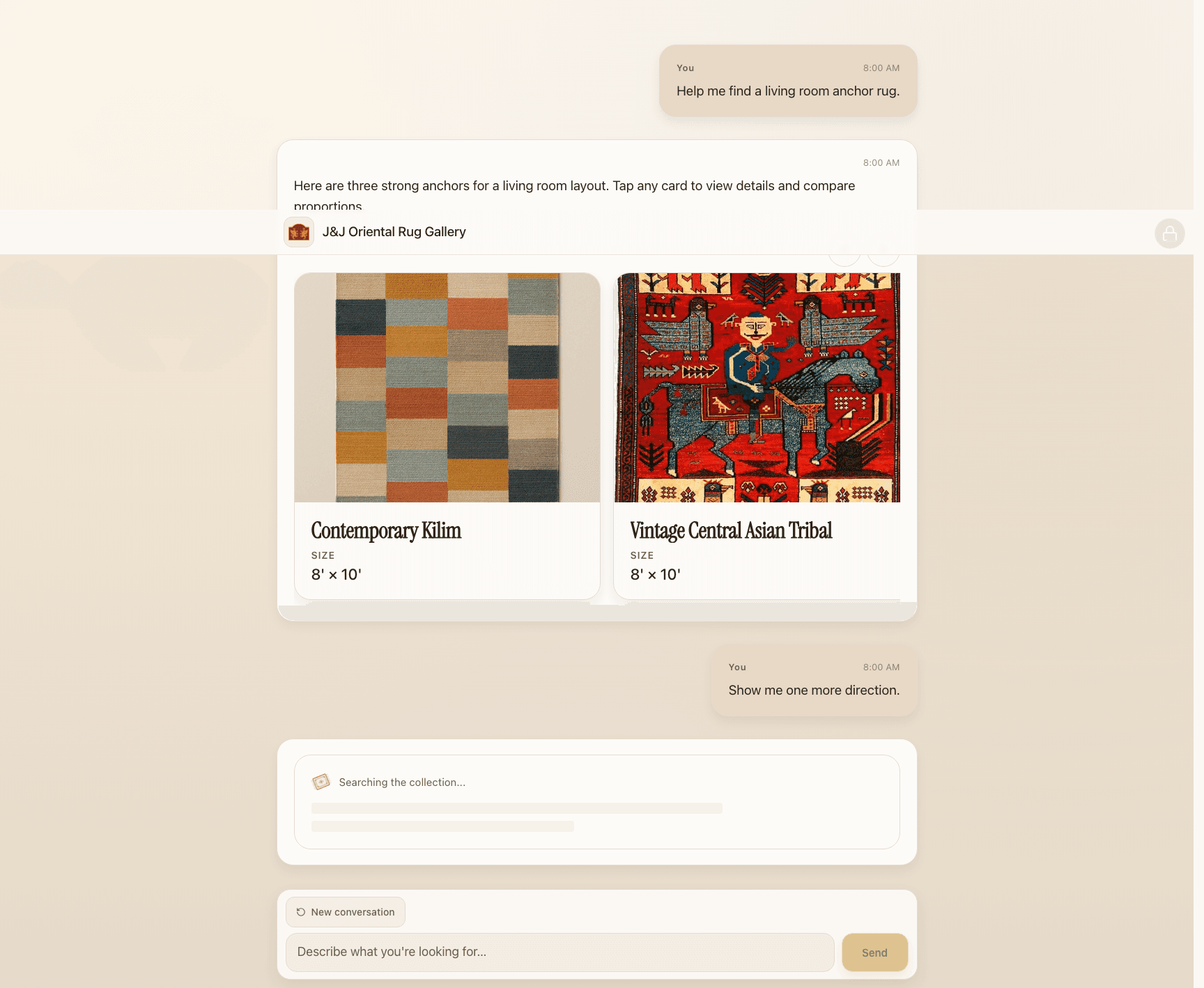 Archived RugDesk recommendation conversation with sample in-stock rug cards